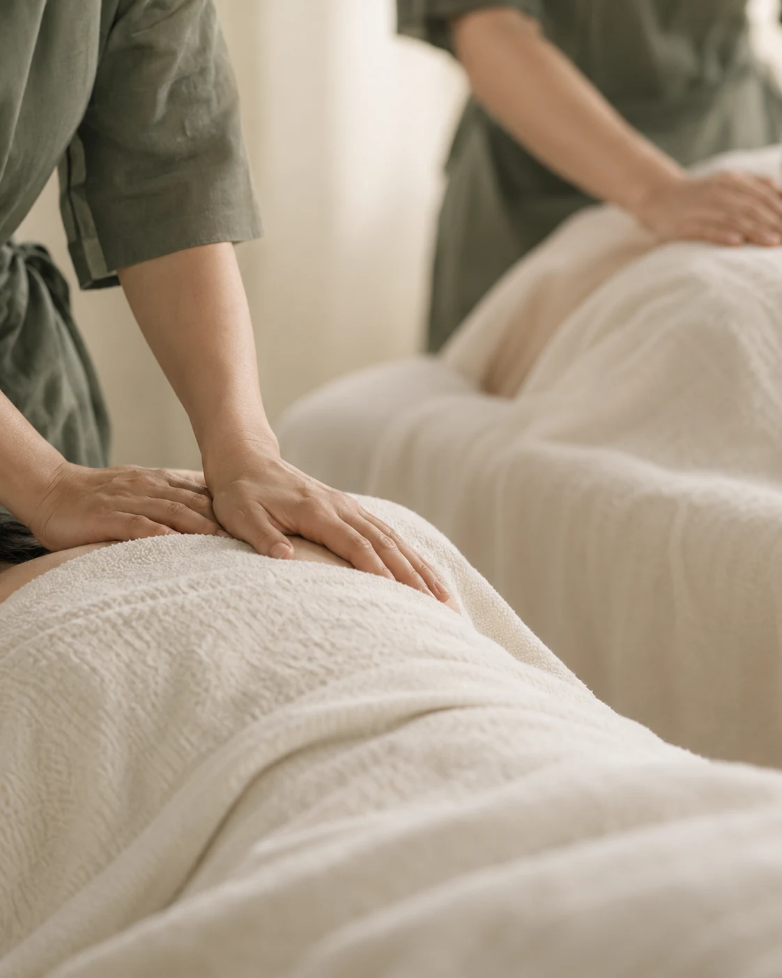 Two guests receiving massage with separate therapists