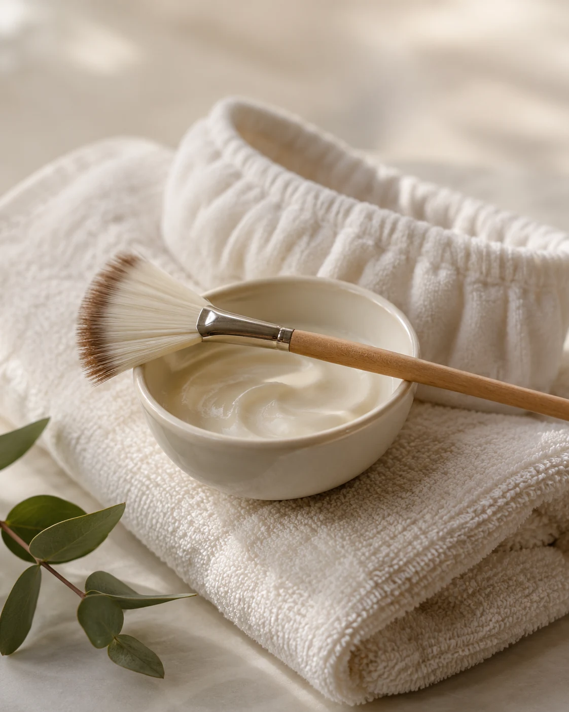 Facial treatment brush, cream and clean linens