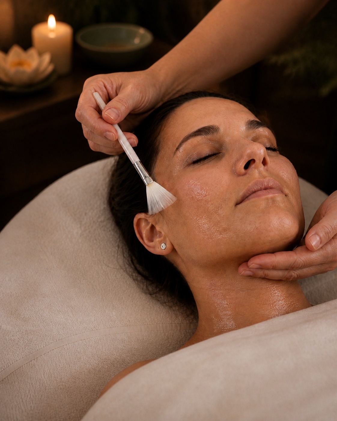 Client receiving a facial treatment with a serum brush in a warm, candlelit spa room.