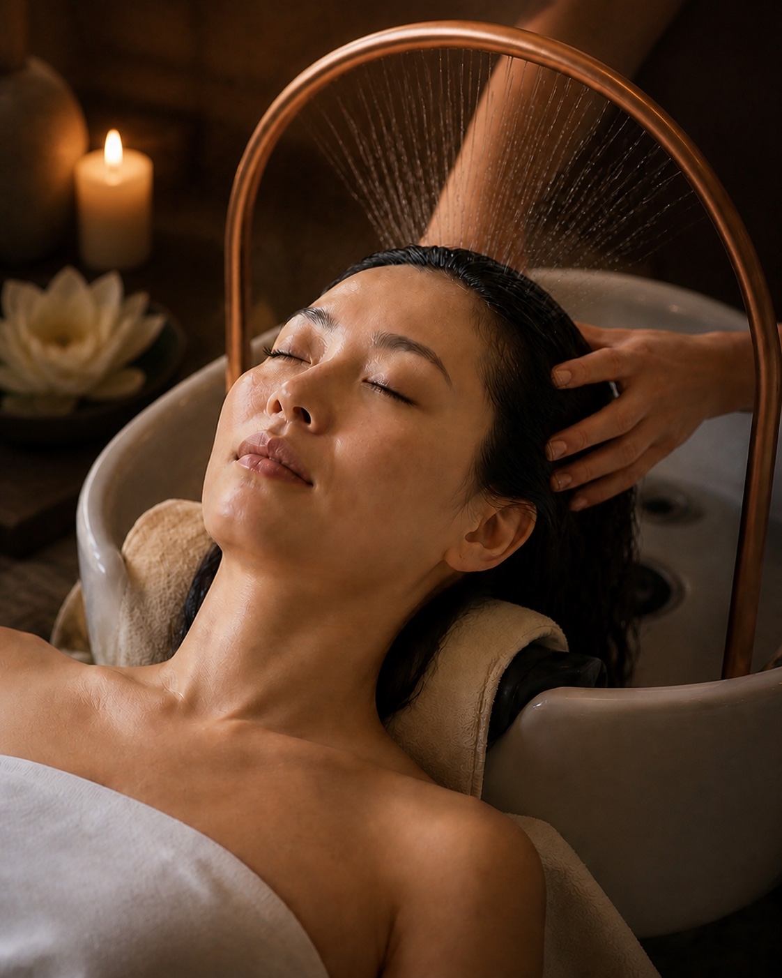 Client enjoying a Japanese Head Spa treatment beneath a copper water halo in a warm, candlelit room.