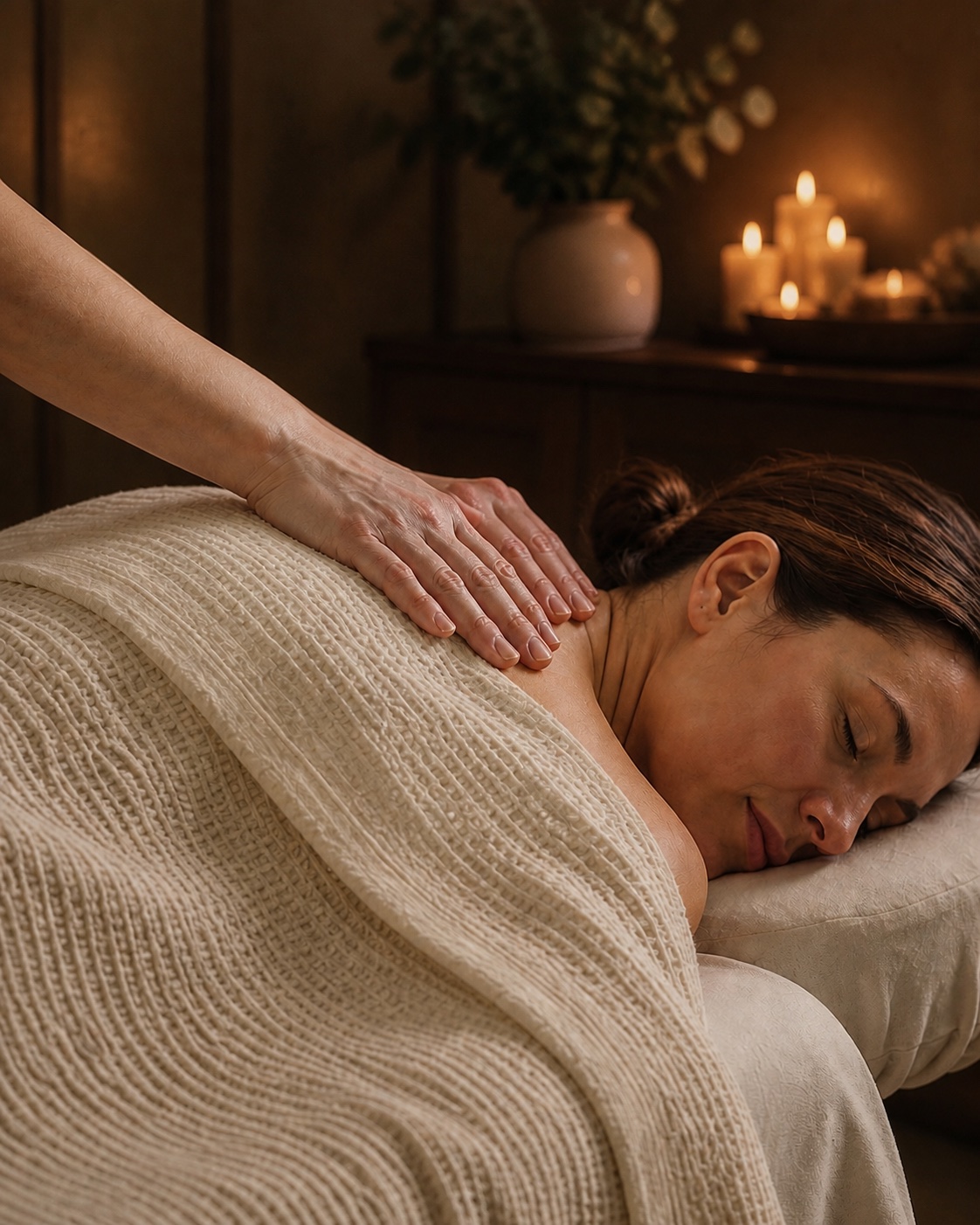 Client receiving a relaxing massage with treatment hands visible in a warm, candlelit spa room.