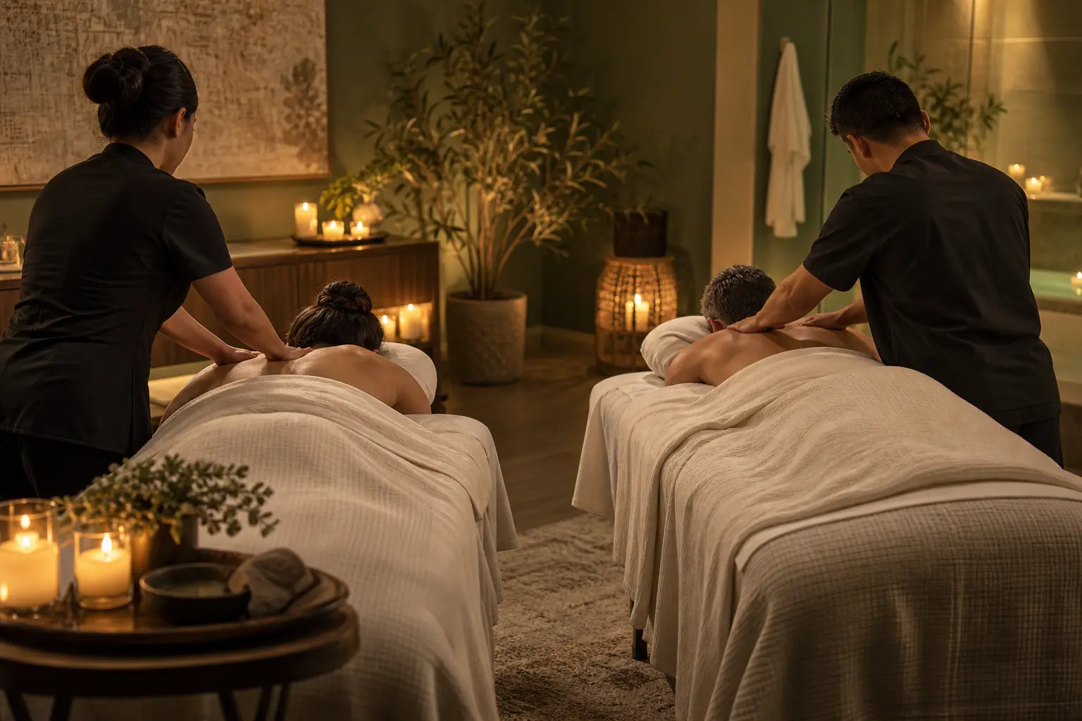 Two guests receiving couples massage in a warm, candlelit spa room.