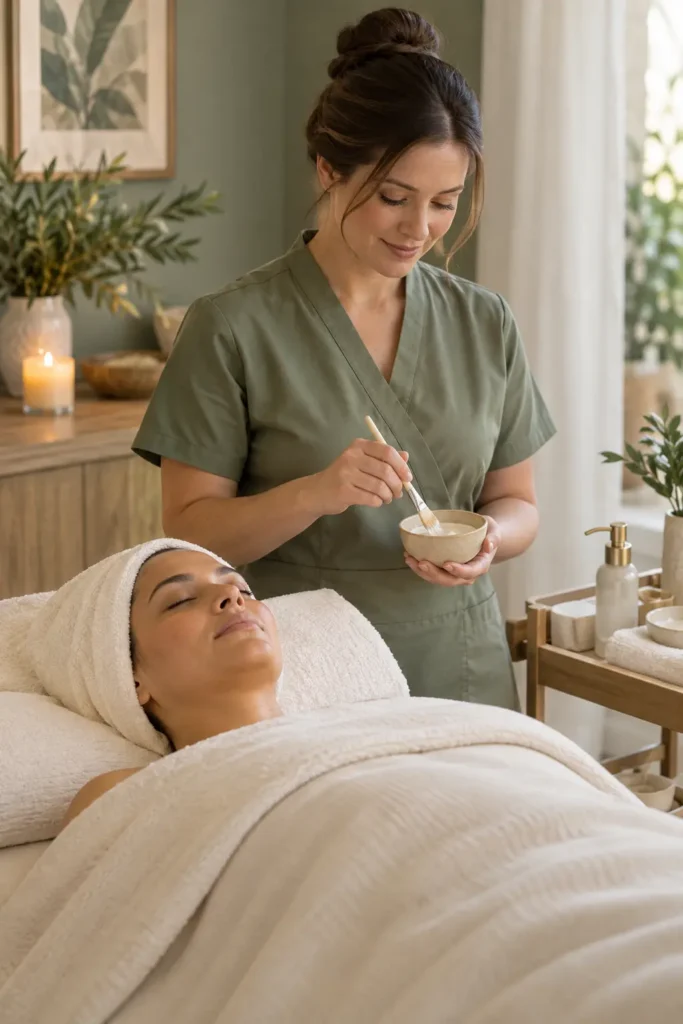 Spa professional preparing a facial appointment in a serene treatment room