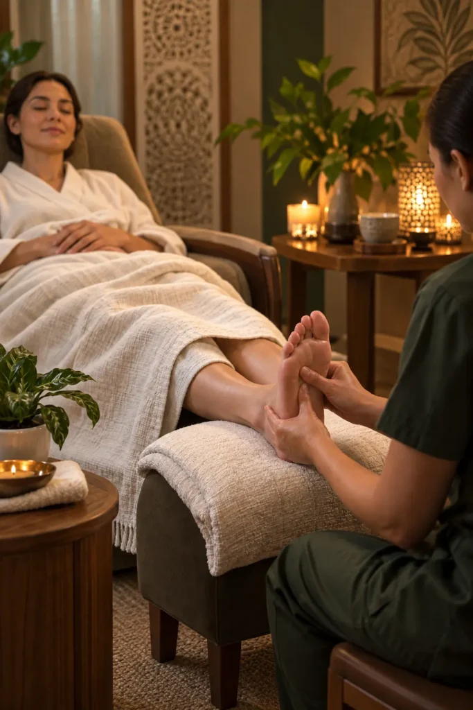 Guest receiving a professional foot massage and reflexology treatment in a warm spa setting.