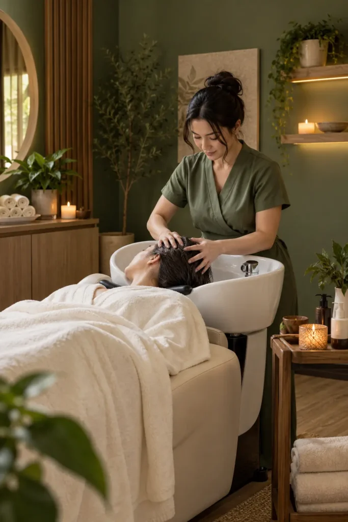 Guest receiving a professional Deep Scalp Therapy treatment at a spa wash basin.