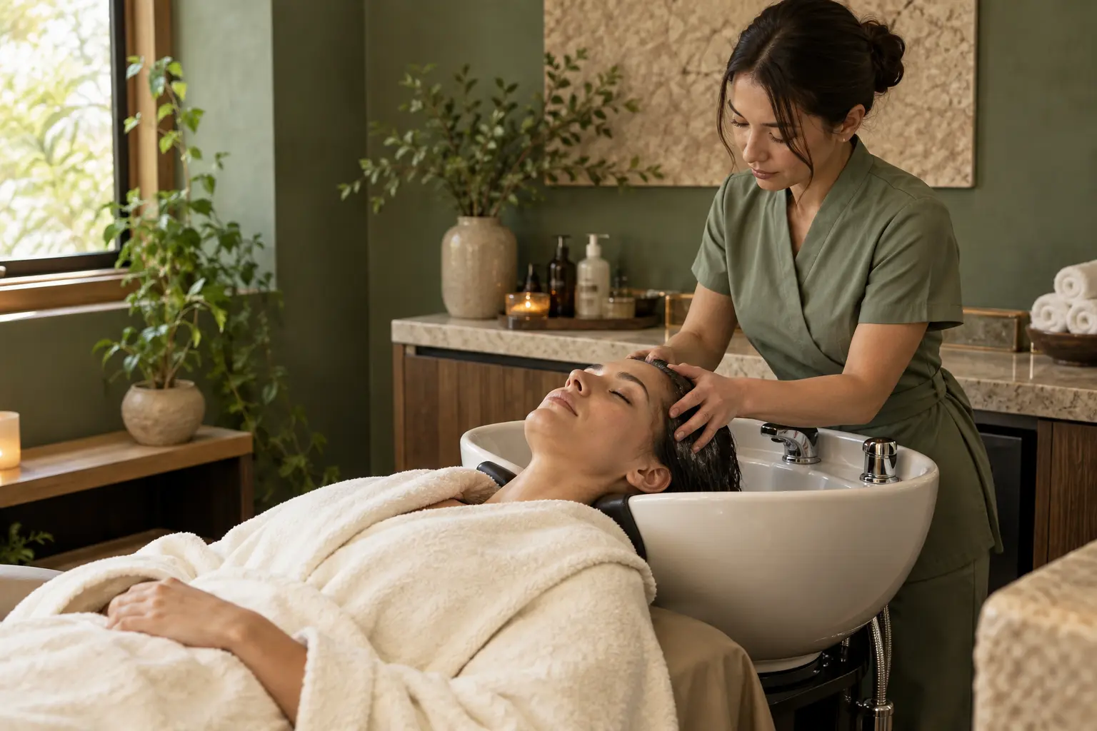 Guest receiving a professional scalp-care treatment at a spa wash basin.