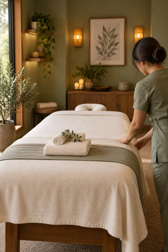 Massage therapist preparing a treatment room for an individual appointment