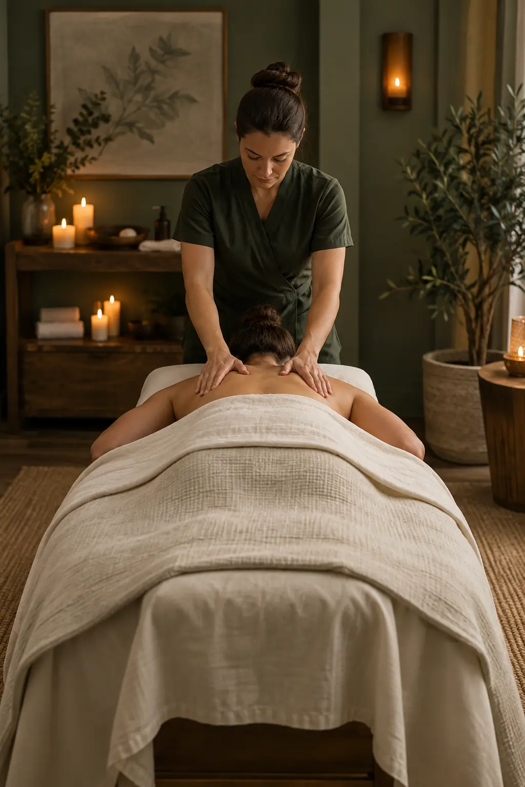 Guest receiving a therapeutic shoulder massage in a warm, candlelit spa room.