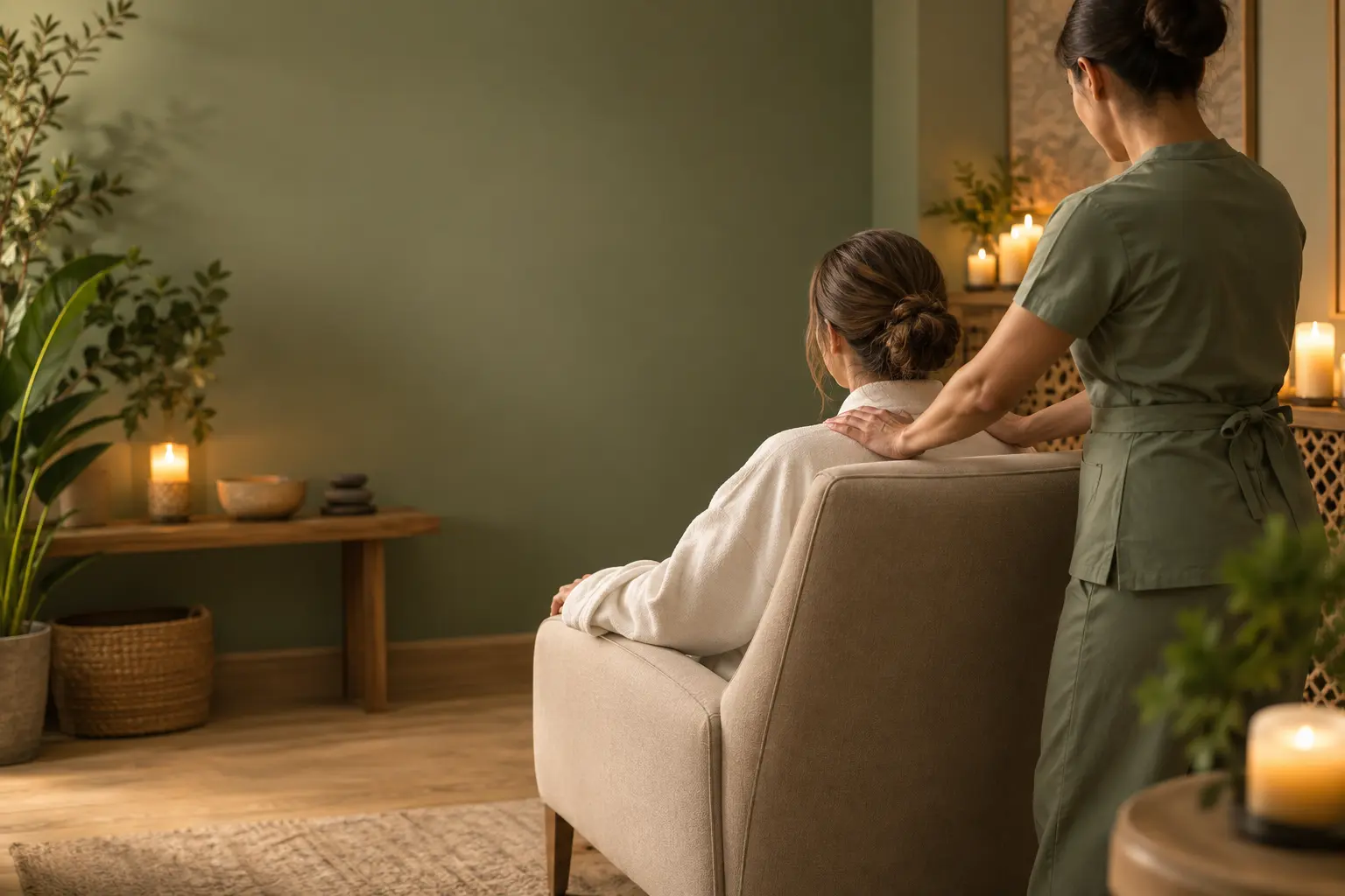 Guest receiving a seated therapeutic shoulder massage in a warm, candlelit spa room.