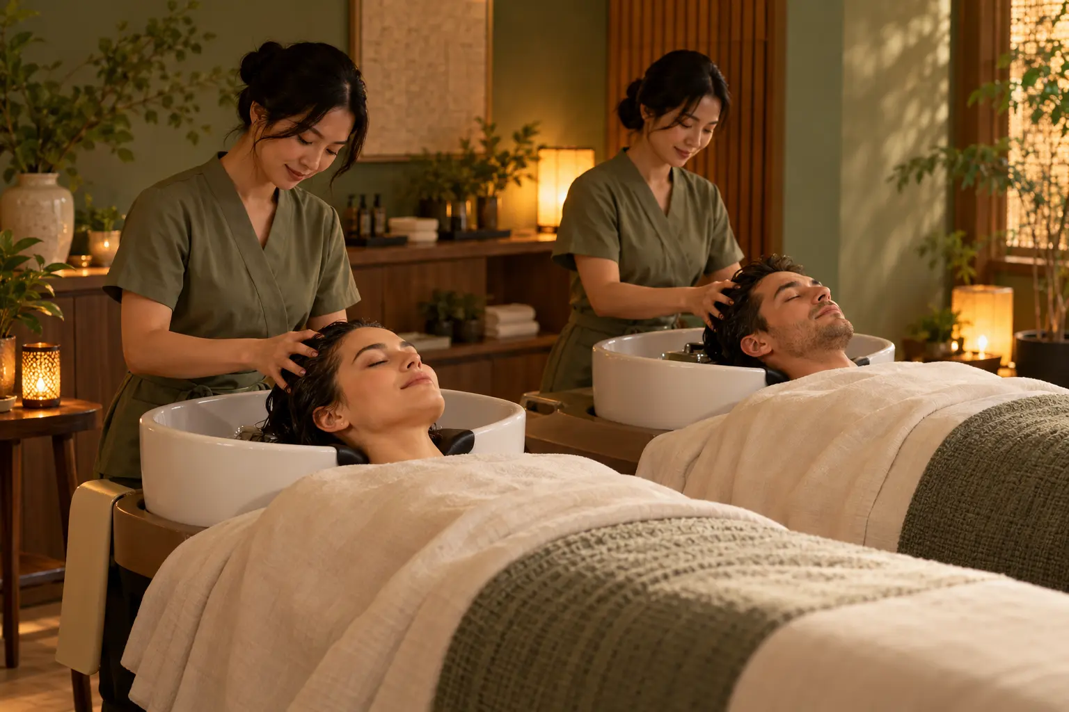 Two guests enjoying a couples head spa treatment in a warm Folsom spa room