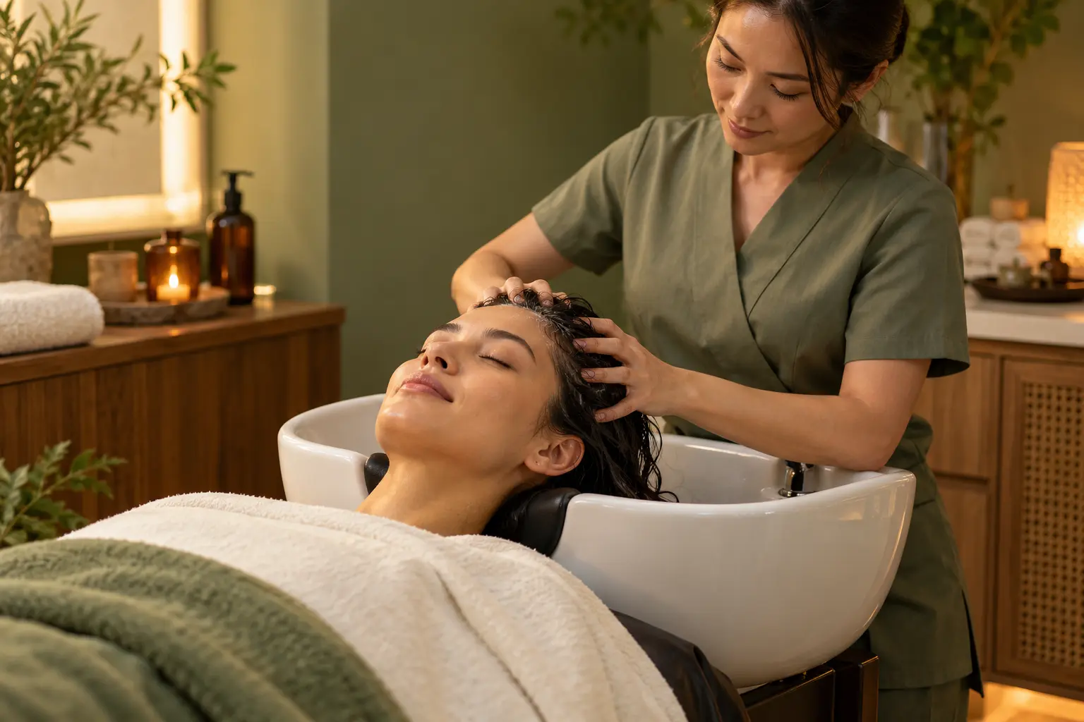 Guest receiving a relaxing scalp-care treatment in a warm Folsom spa room