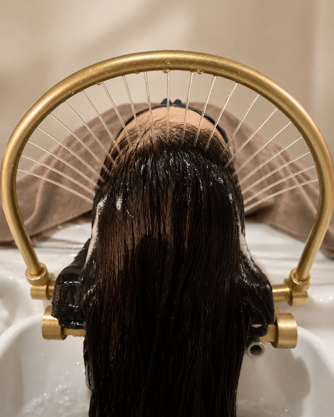 Head Spa water ritual with a brass water arch and freshly rinsed hair
