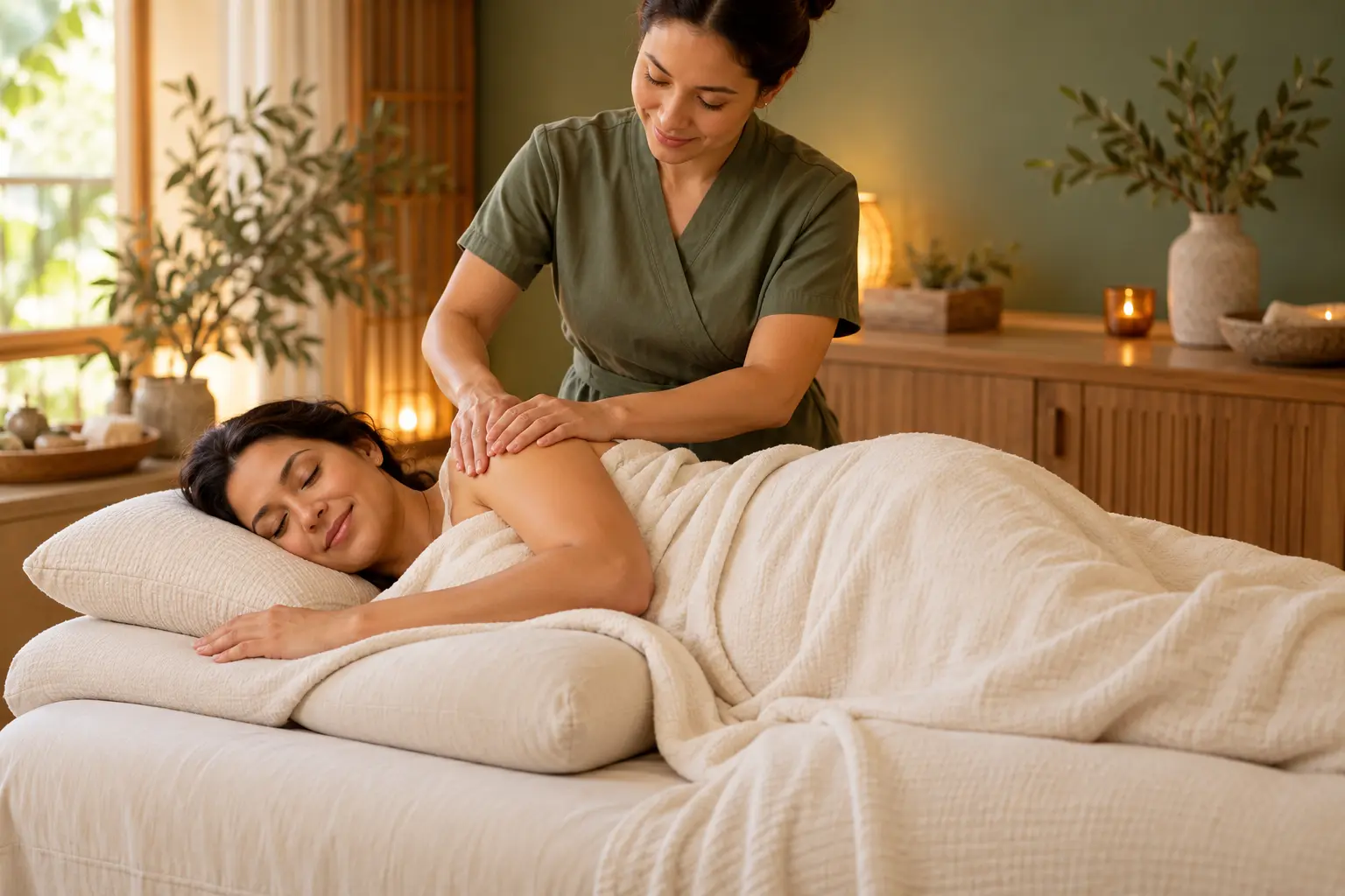 Expectant guest receiving a relaxing massage in a calm Folsom spa treatment room
