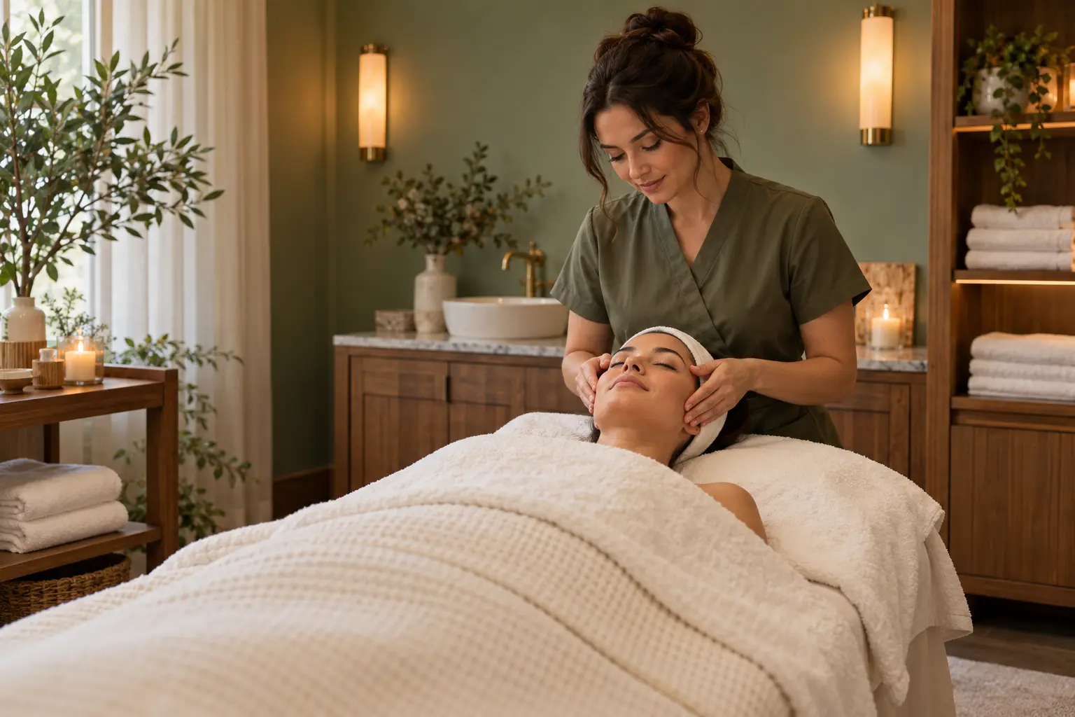 Guest receiving gentle facial care in a warm Folsom spa treatment room