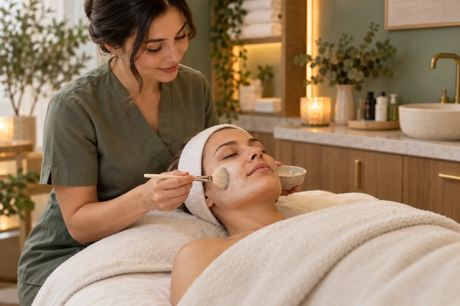 Esthetician applying a facial mask during a relaxing Folsom spa appointment