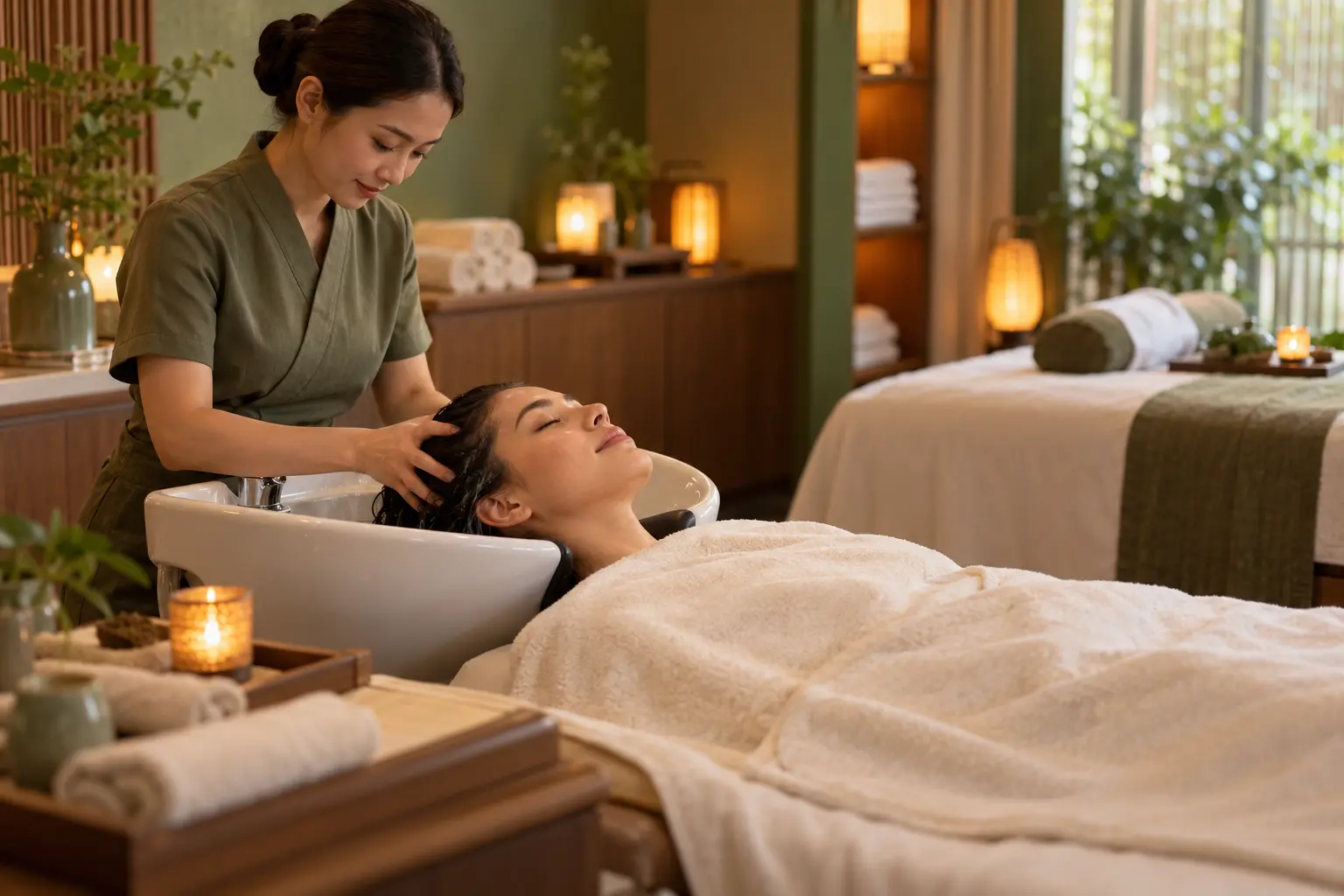 Guest enjoying a relaxing scalp-care treatment in a warm Folsom spa room