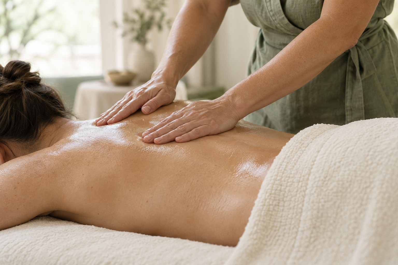 Hands providing a back massage with oil on a massage bed